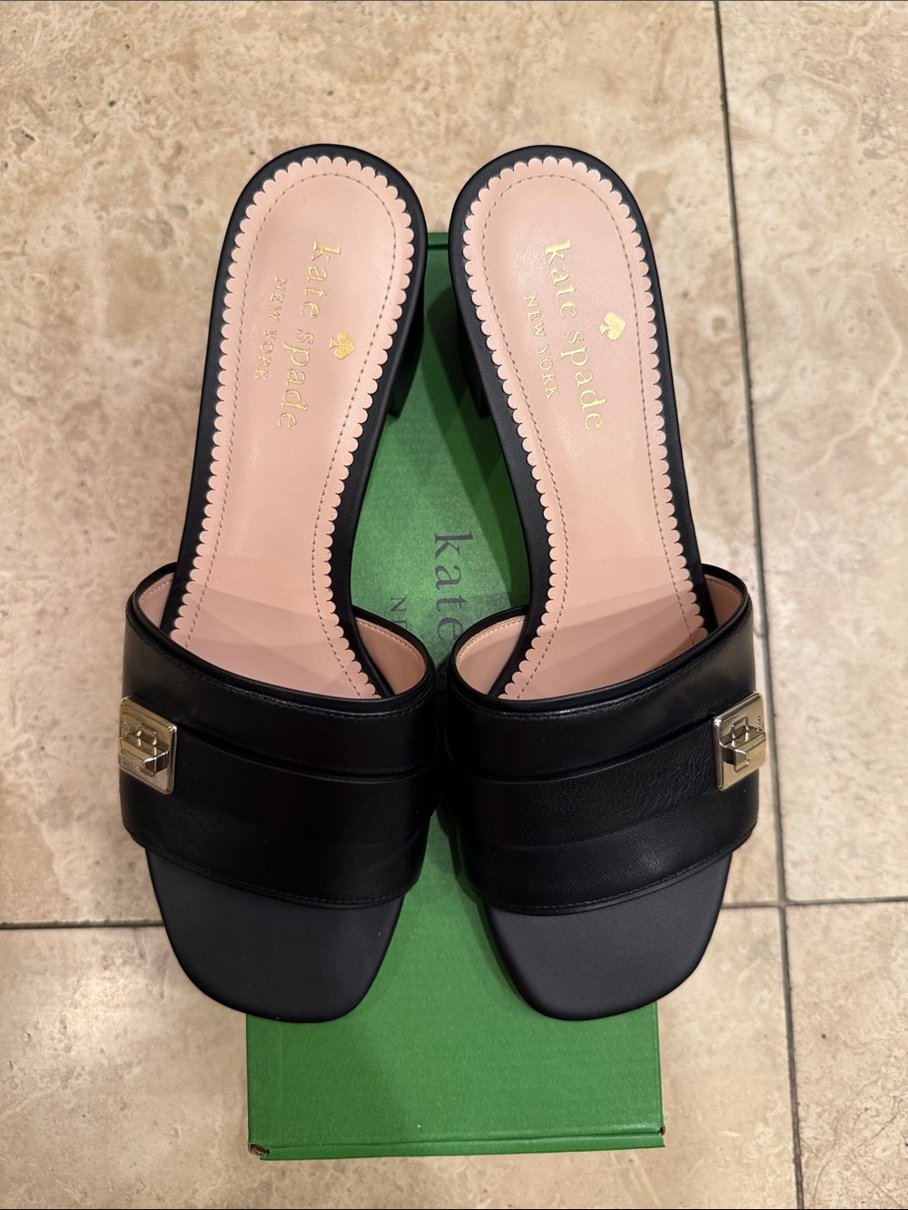 kate spade Black Leather Slide Mules with Gold Accent